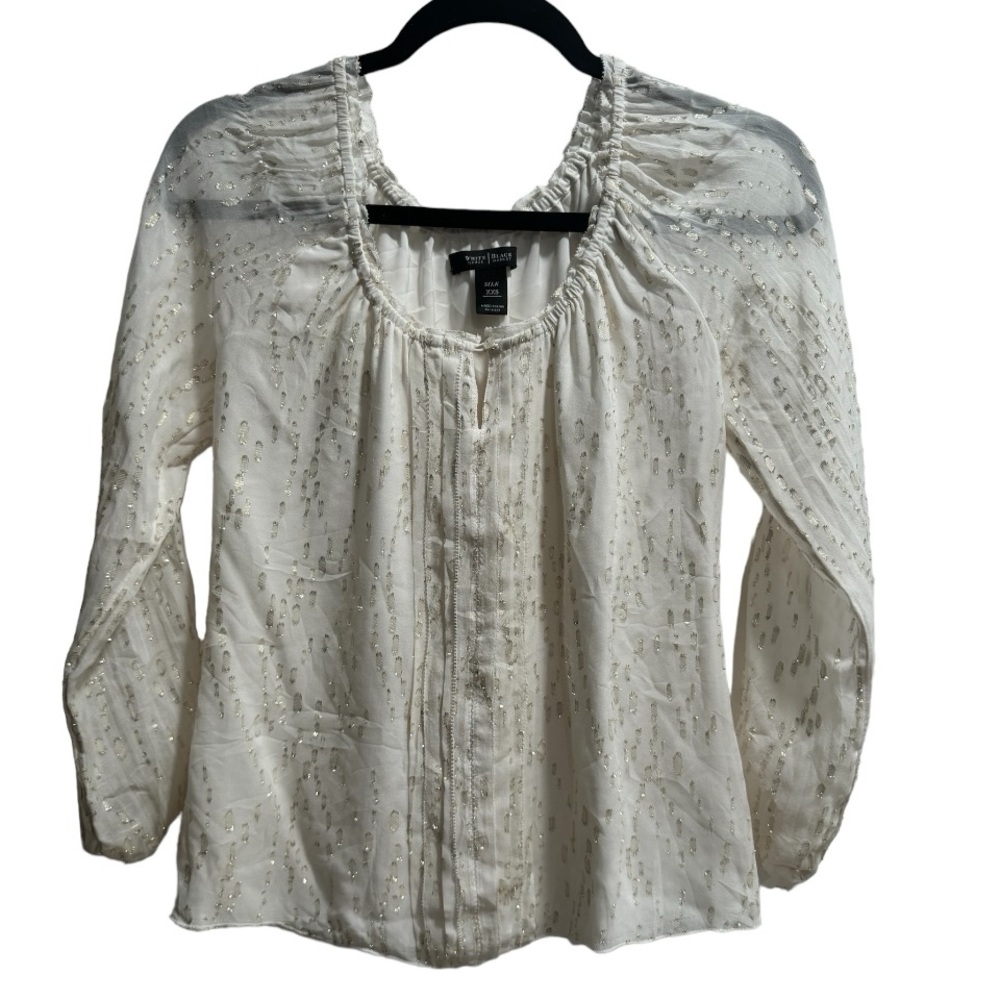 White House‎ Black Market Silk Metallic Gold Cream Peasant Blouse Size XXS